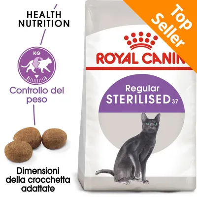 Royal Canin Regular Sterilised 37, controllo del peso, dimensioni della crocchetta adattate, Top Seller, immagine di un gatto e crocchette visibili sulla confezione.