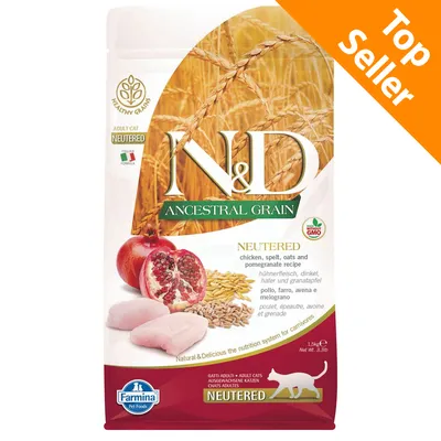 Farmina N&D Ancestral Grain Neutered, alimento per gatti adulti sterilizzati, pollo, farro, avena e melograno, confezione da 1,5 kg. Scritta Top Seller in alto a destra. Farmina N&D Ancestral Grain Neutered, alimento per gatti adulti sterilizzati, pollo, farro, avena e melograno, confezione da 1,5 kg. Scritta Top Seller in alto a destra.