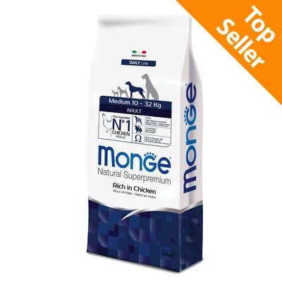 Monge Natural Superpremium Medium 10–32 kg Adult, primo ingrediente pollo, ricco in Omega 3-6, confezione da 12 kg. Top Seller visibile in alto a destra.