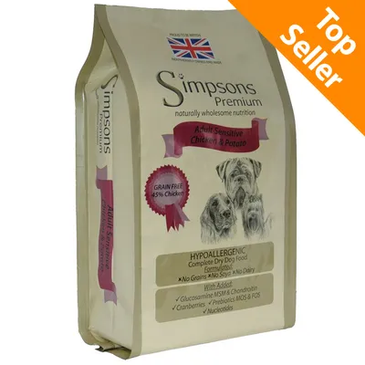 Simpsons Premium Adult Sensitive Chicken & Potato, GRAIN FREE 45% Chicken, ipoallergenico, Top Seller, illustrazione di cani sulla confezione.