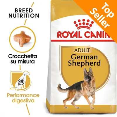 Royal Canin ADULT German Shepherd, crocchetta su misura, performance digestiva, Top Seller. Immagine di confezione con cane pastore tedesco e testi visibili in italiano e inglese.