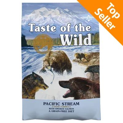 Taste of the Wild Pacific Stream Canine Formula with Smoked Salmon A Grain-Free Diet, confezione con scritta Top Seller in alto a destra.