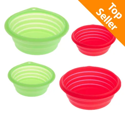 Ciotole pieghevoli in silicone verde e rosso, due per colore, con scritta Top Seller su sfondo arancione nell'angolo in alto a destra. Ciotole pieghevoli in silicone verde e rosso, due per colore, con scritta Top Seller su sfondo arancione nell'angolo in alto a destra.