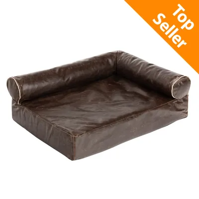 Divanetto per animali in similpelle marrone con bordo rialzato, angolo arancione in alto a destra con testo: Top Seller