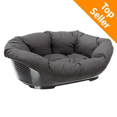 Cuscino imbottito grigio scuro su cesta in plastica nera per pet. In alto a destra etichetta arancione con testo: Top Seller.