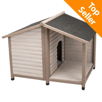 Cuccia per cani in legno con tetto nero e veranda laterale, scritta Top Seller in alto a destra.