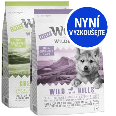 Balení Little Wolf of Wilderness Wild Hills Junior 1 kg, 100% grain-free recipe, lots of fresh chicken meat & duck. Modrý kruh s textem: Nyní vyzkoušejte.