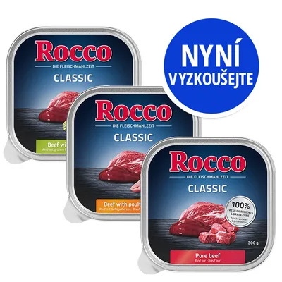 Rocco Classic, tři varianty: Pure beef, Beef with poultry, Beef with green tripe. Text: NYNÍ VYZKOUŠEJTE. 100% fresh ingredients & grain-free. 300 g.