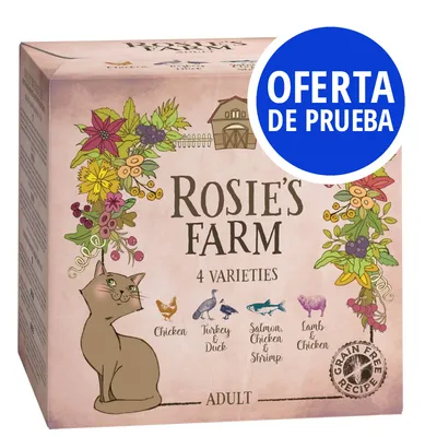 Rosie's Farm 4 Varieties para gatos adultos: Chicken, Turkey & Duck, Salmon Chicken & Shrimp, Lamb & Chicken. Oferta de prueba. Receta sin cereales (Grain Free Recipe).