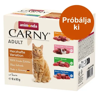 animonda Carny Adult Herzhafte Variation macskaeledel, 8×85 g, marha+csirke, marha+pulyka+garnéla, marha+strucc, marha+gyöngytyúk. Próbálja ki felirat látható.