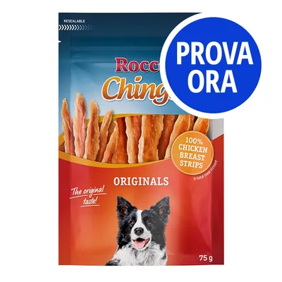 Rocco Chings Originals, 100% Chicken Breast Strips, confezione da 75 g. Testo visibile: The original taste!, PROVA ORA. Immagine di cane sulla confezione.
