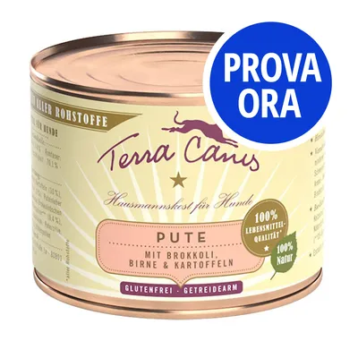 Terra Canis Pute mit Brokkoli, Birne & Kartoffeln, 100% Lebensmittel-Qualität, 100% Natur, glutenfrei, getreidearm. Etichetta blu: PROVA ORA.
