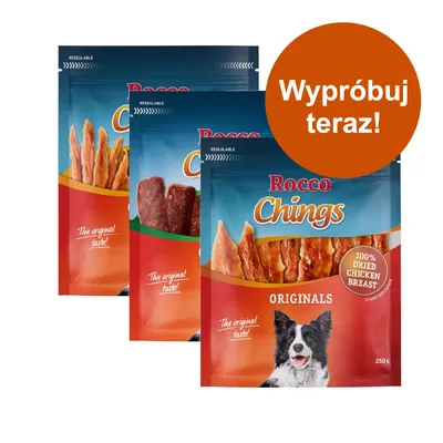 Opakowania Rocco Chings Originals, widoczny napis: 100% dried chicken breast, The original taste!, Wypróbuj teraz! oraz zdjęcie psa na przedniej paczce, masa netto 250 g.