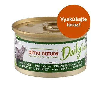 Konzerva almo nature Daily mousse pre mačky, tuniak a kuracie mäso. Text na etikete: ALL PROFITS TO THE PLANET. Oranžový kruh s textom: Vyskúšajte teraz!