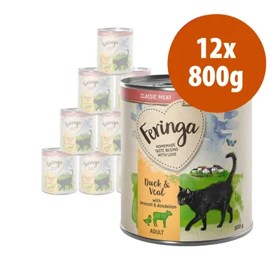 Confezione da 12 lattine Feringa Duck & Veal with broccoli & dandelion, 800 g ciascuna, per gatti adulti. Testo visibile: 'Classic Meat', 'Homemade taste begins with love'.
