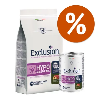 Exclusion Monoprotein Veterinary Diet Formula HYPOALLERGENIC per cani, crocchette e umido. Medium & Large Breed >10kg, Horse & Potato. Simbolo percentuale arancione.