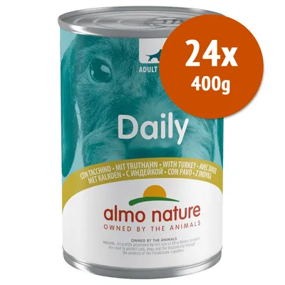 Confezione da 24 lattine Almo Nature Daily con tacchino, 400 g ciascuna. Testo visibile: 'almo nature', 'Daily', 'con tacchino', '24x 400g'.