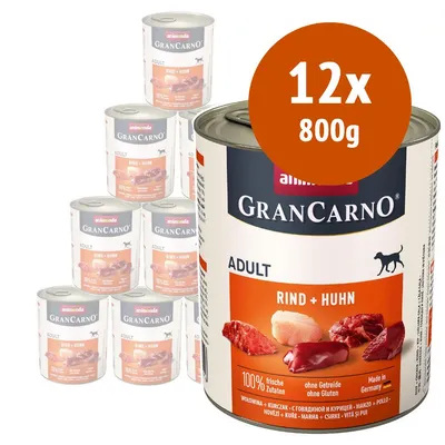 12 lattine da 800 g Animonda GranCarno Adult Rind + Huhn, visibili ingredienti carne e pollo, testo: 100% fresche Zutaten, ohne Getreide ohne Gluten, Made in Germany. 12 lattine da 800 g Animonda GranCarno Adult Rind + Huhn, visibili ingredienti carne e pollo, testo: 100% fresche Zutaten, ohne Getreide ohne Gluten, Made in Germany.