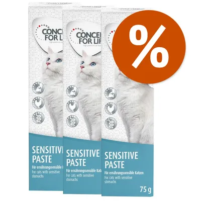 Concept for Life Sensitive Paste per gatti, confezione da 3 tubi da 75 g. Testo visibile: 'For cats with sensitive stomachs'. Simbolo percentuale arancione in alto a destra.