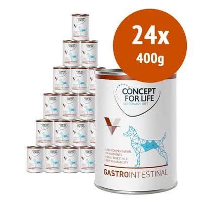 24 lattine da 400 g Concept for Life Veterinary Diet Gastrointestinal per cani, visibile testo: loss compensation of nutrients, easily digestible, high palatability. 24 lattine da 400 g Concept for Life Veterinary Diet Gastrointestinal per cani, visibile testo: loss compensation of nutrients, easily digestible, high palatability.