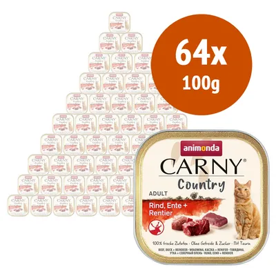 Animonda Carny Country Adult Rind, Ente + Rentier, confezione da 64 vaschette da 100 g ciascuna. Immagine della confezione con gatto e carne visibili sull'etichetta.