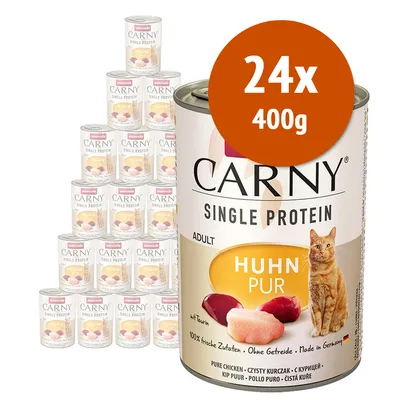 24x400g lattine Animonda Carny Single Protein Adult Huhn Pur, immagine di una confezione con pollo e gatto, testo: 100% fresche Zutaten, Ohne Getreide, Made in Germany