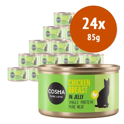 24 lattine da 85 g di Cosma Pure Love Chicken Breast in Jelly, Single Protein Pure Meat. Etichetta verde con silhouette di gatto e scritta visibile sul fronte.