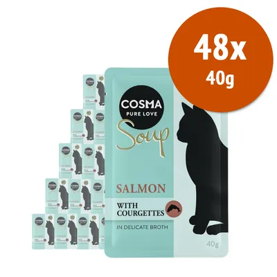 Cosma Pure Love Soup, confezione da 48 buste da 40 g, gusto salmone con zucchine in brodo delicato. Immagine della confezione con silhouette di gatto e testo visibile.