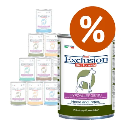 Scatolette Exclusion Diet Formula Hypoallergenic per cani, visibile variante Horse and Potato. Simbolo percentuale arancione indica offerta o sconto.