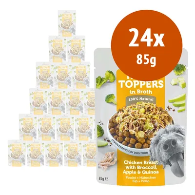 Confezione da 24 buste da 85 g di Toppers in Broth 100% Natural, petto di pollo con broccoli, mela e quinoa. Immagine della busta con ciotola di cibo per cani e cane sul fronte.