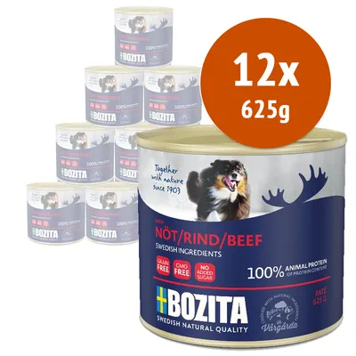 12 lattine da 625 g di Bozita Paté con manzo, 100% proteina animale, senza cereali, OGM e zuccheri aggiunti. Testo visibile: 'Together with nature since 1903', 'Swedish ingredients'.