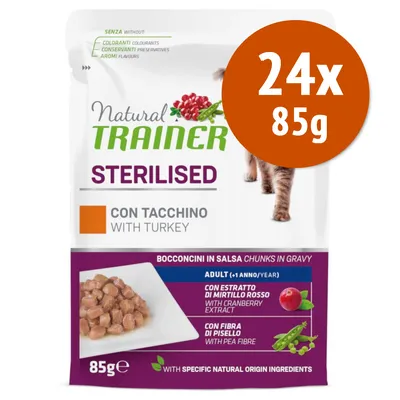 Pachet 24x85g Natural Trainer Sterilised cu curcan, bucăți în sos, pentru pisici adulte. Conține extract de merişor şi fibre de mazăre. Fără coloranți, conservanți sau arome.