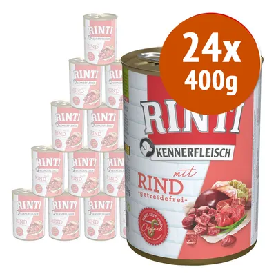 24 lattine da 400 g di Rinti Kennerfleisch mit Rind, getreidefrei. Immagine della confezione con carne e verdure visibili sull'etichetta.