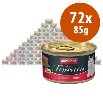 72 lattine da 85 g di Animonda Vom Feinsten Mousse mit Rind + Ente, confezione con immagine di un gatto e scritta visibile sul fronte della lattina.