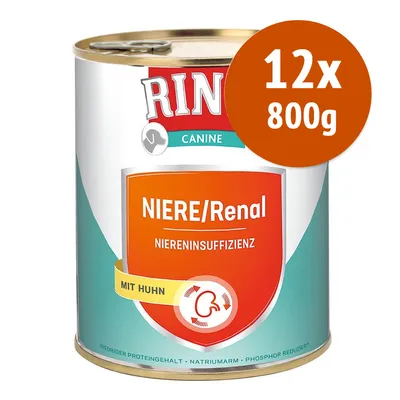 Rinti Canine NIERE/Renal Niereninsuffizienz mit Huhn, confezione 12x800g. Testo visibile: basso contenuto proteico, povero di sodio, fosforo ridotto. Rinti Canine NIERE/Renal Niereninsuffizienz mit Huhn, confezione 12x800g. Testo visibile: basso contenuto proteico, povero di sodio, fosforo ridotto.
