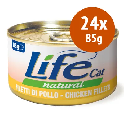 Life Cat natural, filet de poulet, 24 boîtes de 85 g. Texte visible : FILETTI DI POLLO – CHICKEN FILLETS, 85 g.