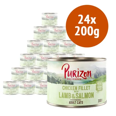 24 lattine da 200 g Purizon Chicken Fillet with Lamb & Salmon per gatti adulti, 45% chicken fillet visibile sulla confezione.