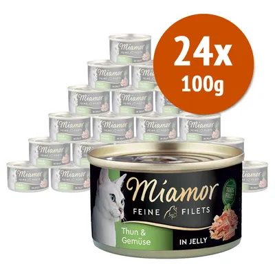 24 lattine da 100 g di Miamor Feine Filets Thun & Gemüse in jelly, confezione visibile con etichetta e immagine di un gatto.