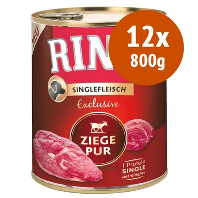 Rinti Singlefleisch Exclusive Ziege Pur, 12x800g, 1 Protein Single, getreidefrei. Testo in tedesco sull'etichetta.