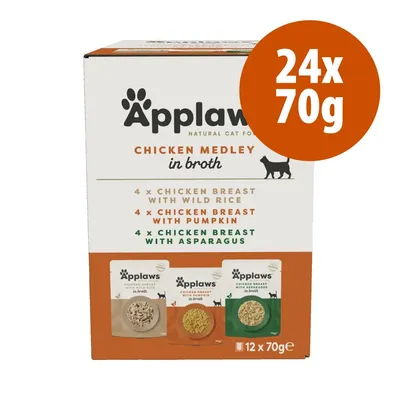 Applaws Chicken Medley in broth, confezione 24x70g. 4x petto di pollo con riso selvatico, 4x con zucca, 4x con asparagi. Immagini delle tre varianti visibili sulla scatola.