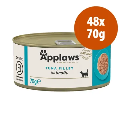 Applaws Natural Cat Food, Tuna Fillet in Broth, 48x70g. Testi visibili: Certified B Corporation, 100% natural ingredients, 70g e.
