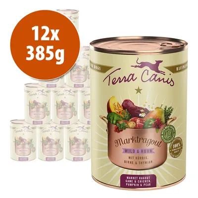 12x385g Terra Canis Marktragout Wild & Huhn, con zucca, pera e timo. Testo in tedesco e inglese visibile sulla confezione.