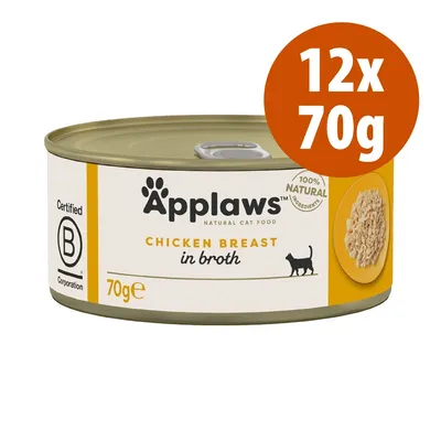 Applaws Chicken Breast in broth, 12x70g, alimento naturale per gatti. Certificato B Corporation. Testo visibile: 100% natural ingredients, 70g e.