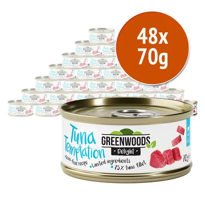 48 lattine da 70 g di Greenwoods Delight Tuna Temptation, ricetta senza cereali, ingredienti limitati, 75% filetto di tonno. Testo visibile solo in inglese.