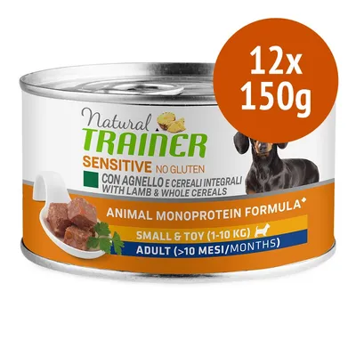 Conservă Natural Trainer Sensitive cu miel și cereale integrale, monoproteică, pentru câini mici 1–10 kg, adult (>10 luni), pachet 12x150g. Text vizibil în italiană și engleză.