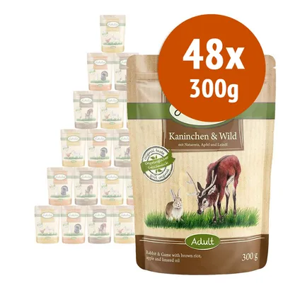 Confezione di cibo per animali Kaninchen & Wild, Adult, 300 g. Testo visibile: 48x 300g, mit Naturreis, Apfel und Leinöl, Original taste, Ursprünglicher Geschmack, Soft ohne Zucker.