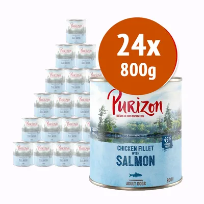 24 lattine da 800 g Purizon Chicken Fillet with Salmon per cani adulti, visibile testo: 45% chicken fillet. Etichetta in inglese.