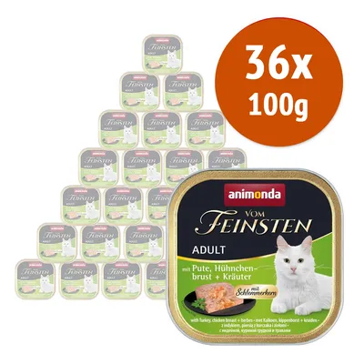 Animonda Vom Feinsten Adult, confezione 36x100g, visibile etichetta: mit Pute, Hühnerbrust + Kräuter, immagine di un gatto bianco su ogni vaschetta.