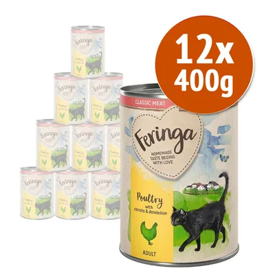 Feringa Classic Meat, confezione 12x400g. Lattina con etichetta: Poultry with carrots & dandelion, ADULT, immagine di gatto nero e gallina. Testo in inglese visibile sull'etichetta.