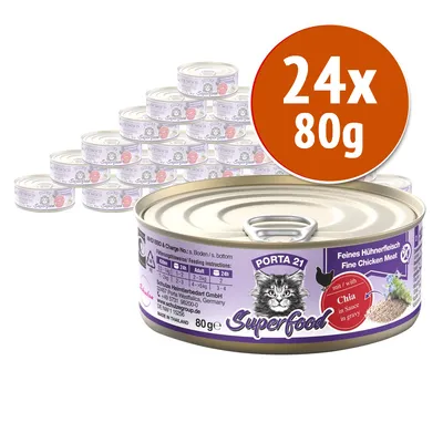 Porta 21 Superfood, confezione da 24 lattine da 80 g ciascuna. Testo visibile: Feines Hühnerfleisch, Fine Chicken Meat, con Chia in salsa. Immagine di gatto e semi di chia.